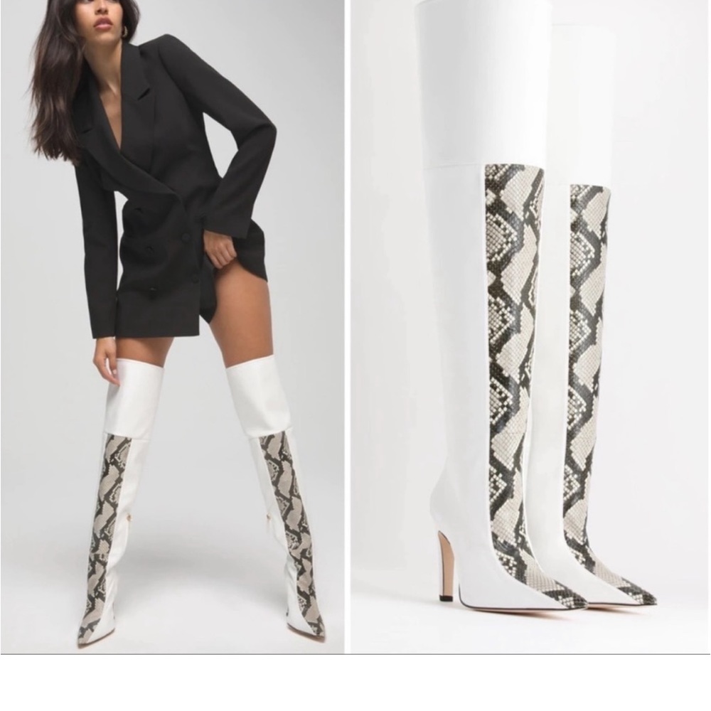 Good American The Koko Snake Embossed Knee High Boots